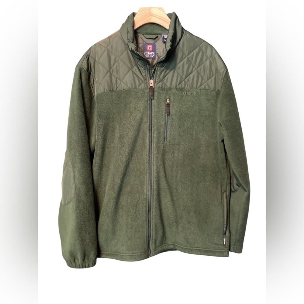 Chaps Forest Green Zip-Front Fleece w/ Quilted Yoke & Elbow Patches Mens L EUC